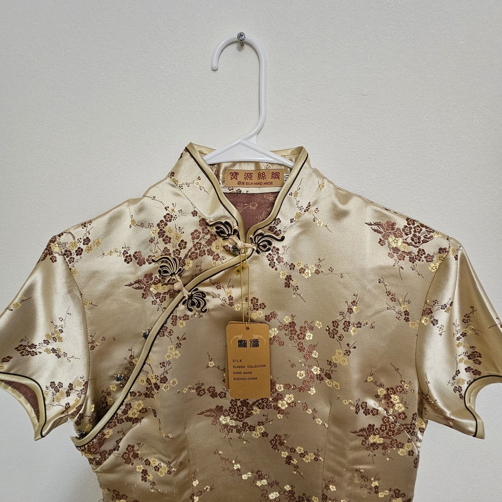 Traditional Silk Gold Floral Midi Dress - cheongsam